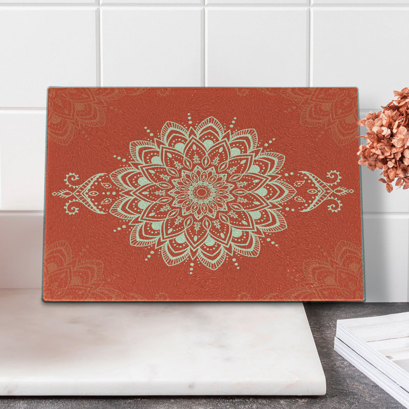 Ambesonne Oriental Tempered Glass Cutting Board Cosmos Concept Mandala Art Orange Ivory