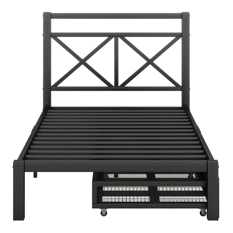 Lit plateforme en métal avec 2 tiroirs, Lit simple