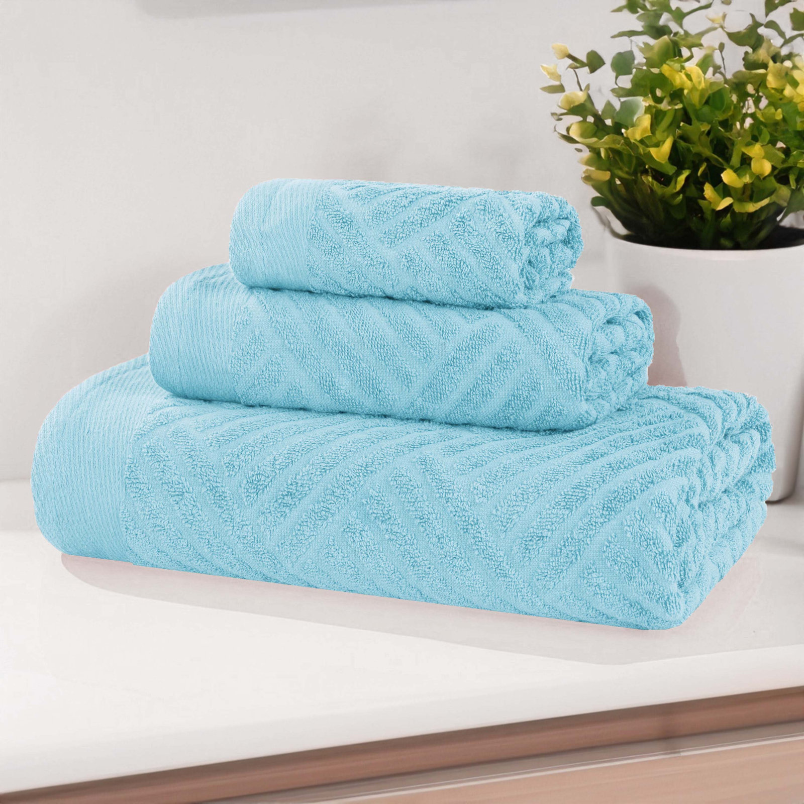 Ocilla Certified Egyptian Cotton Medium Weight Textured Soft Absorbent Jacquard 3 Piece Towel Set, Sky Blue