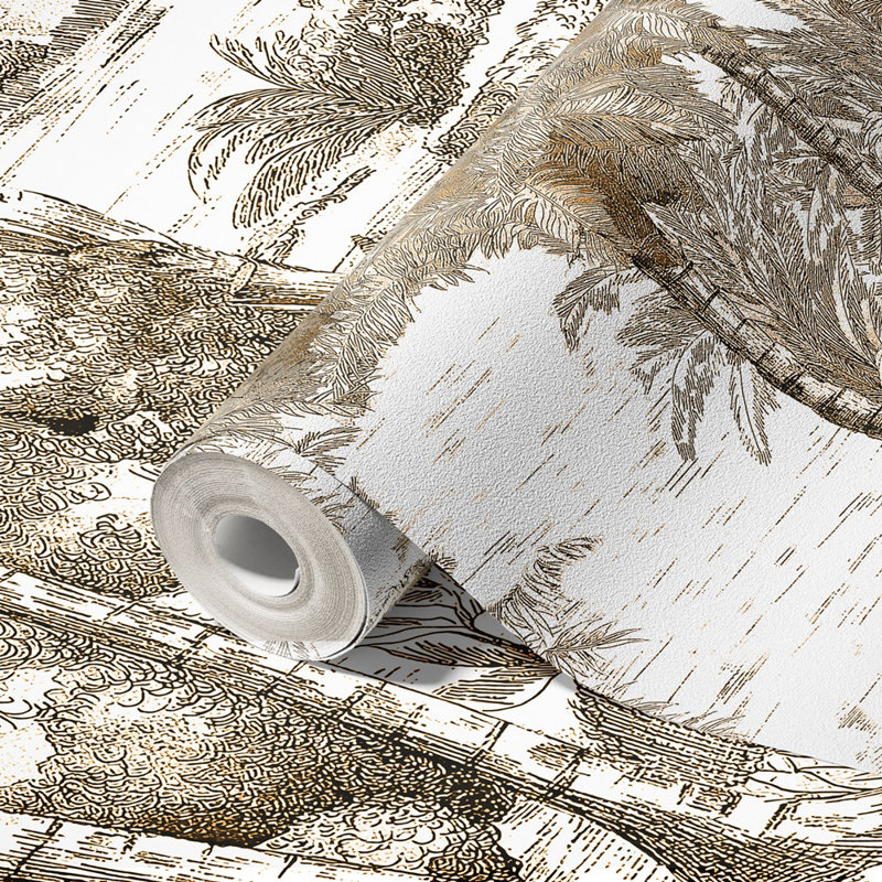 Papier peint tropical monochrome dessiné à la main Jungle, Brun, L 54,96 po x l 81 po