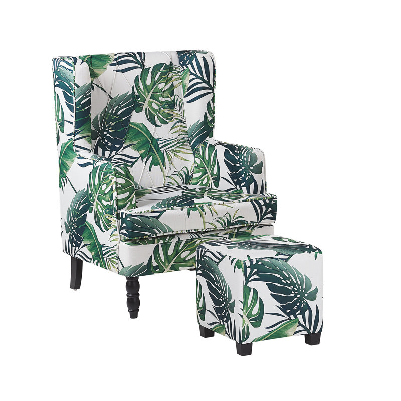 Richburg Upholstered Wingback Chair with Footstool, Leaf Pattern