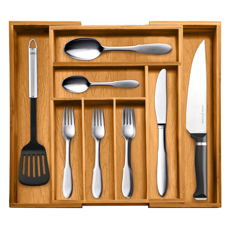 Organisateur de tiroir extensible en bambou - Grand porte-ustensiles de cuisine pour la coutellerie, l'argenterie, le rangement de couverts - Organisateur d'ustensiles pour les tiroirs de cuisine, bureau, plateau de rangement pour tiroir à ordures, 8 fentes