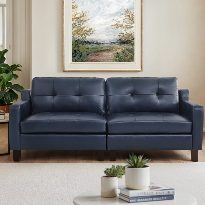 Haiza 81" Modern 3-Seater Sofa in Premium Full Top-Grain Genuine Leather with Square Arms, Navy