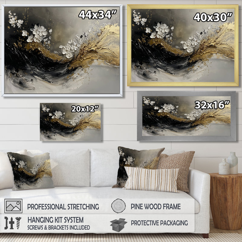 Abstrait or et fugue noire en couleur I - Art mural moderne abstrait, H 24 po x l 32 po, Cadre flottant, Crème, crème