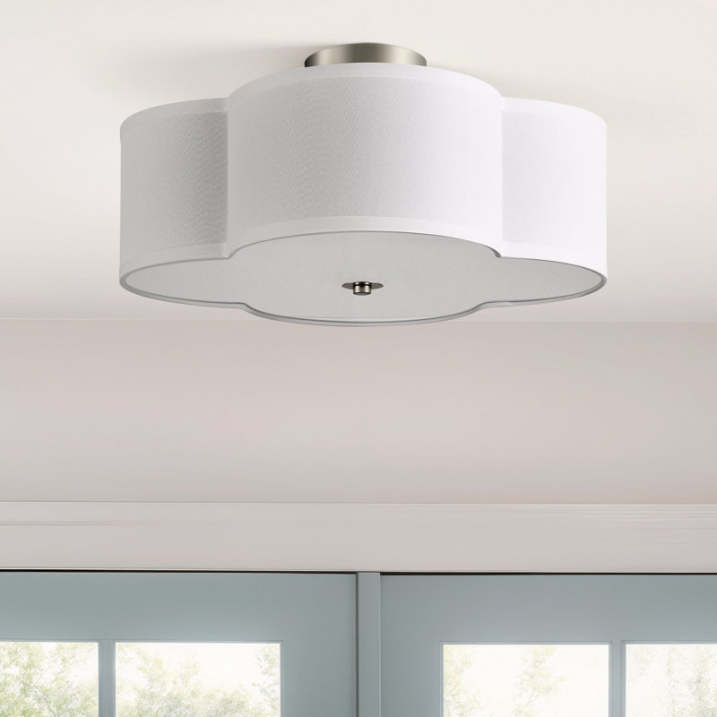 Plafonnier semi-encastré en tissu 4 lumières, Nickel, H 6,9 po x l 15,75 po x P 15,75 po