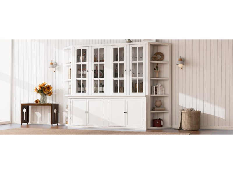  Armoire 75,25 po avec tablettes triangulaires, unité de rangement murale rétro avec portes en verre pour le salon, blanc