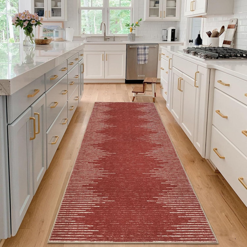 2X6 Runner Rug For Front Door Entryway Washable Area Rugfor Kitchen Neutral Area Rugs Stain Resistant Stripes Mat Non Slip Farmhouse Floor Cover Red