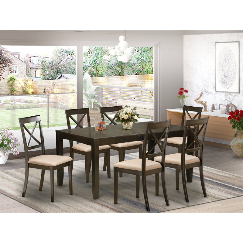 7 Piece Dining Set Consist of a Rectangle Dining Table with Butterfly Leaf and 6 Linen Fabric Kitchen Room Chairs, Cappuccino