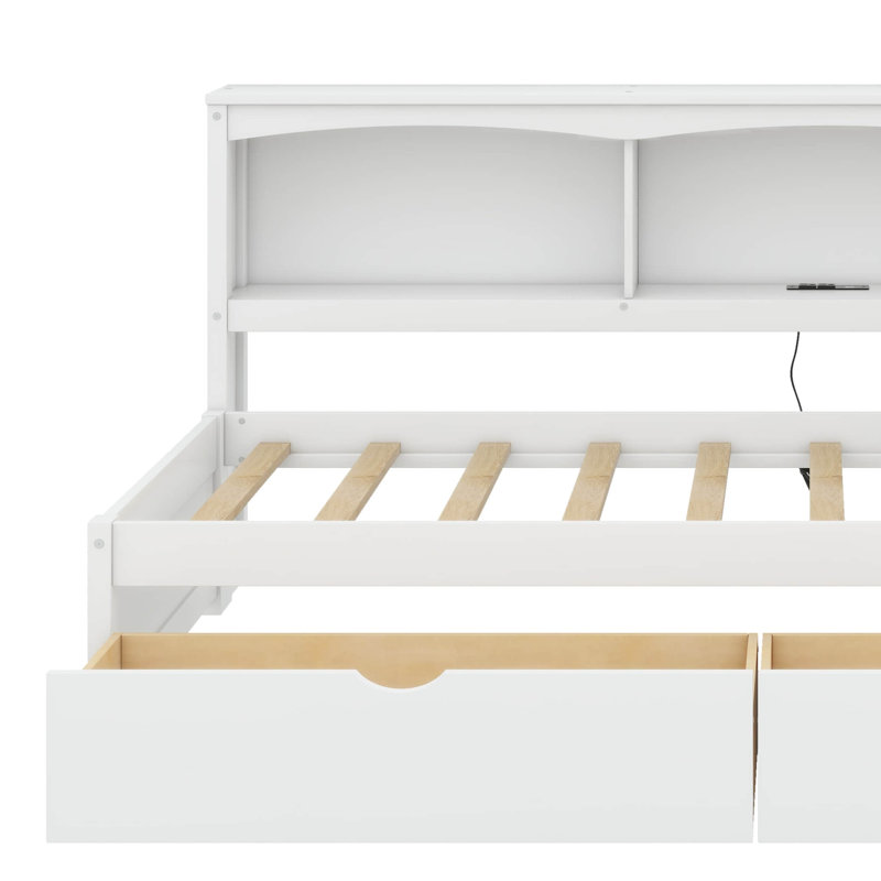 Lit simple avec deux commodes de rangement intégrées et un port USB pratique, Blanc