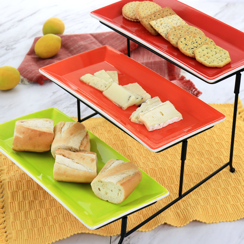 Latitude Run® Crenshaw Hand Painted Stoneware 3-Tier Serving Set With Metal Rack In Multicolor