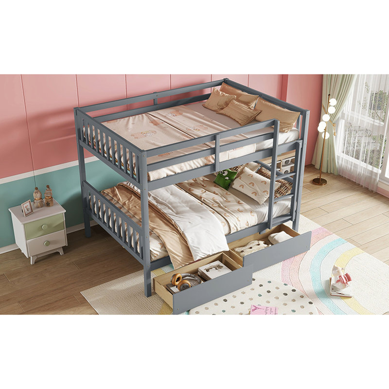 Lit superposé gris double avec lits amovibles et 2 tiroirs pratiques - finition en bois d'hévéa, Gris