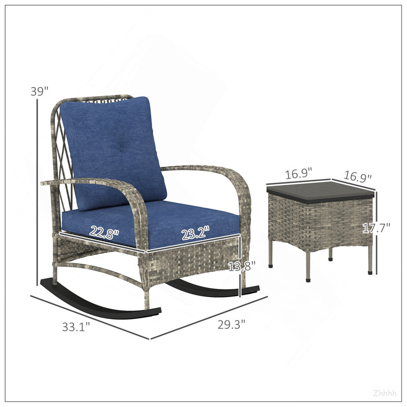 Ensemble de balcon, 3 pièces de mobilier de patio en osier, Light Blue Cushion/Grey Frame