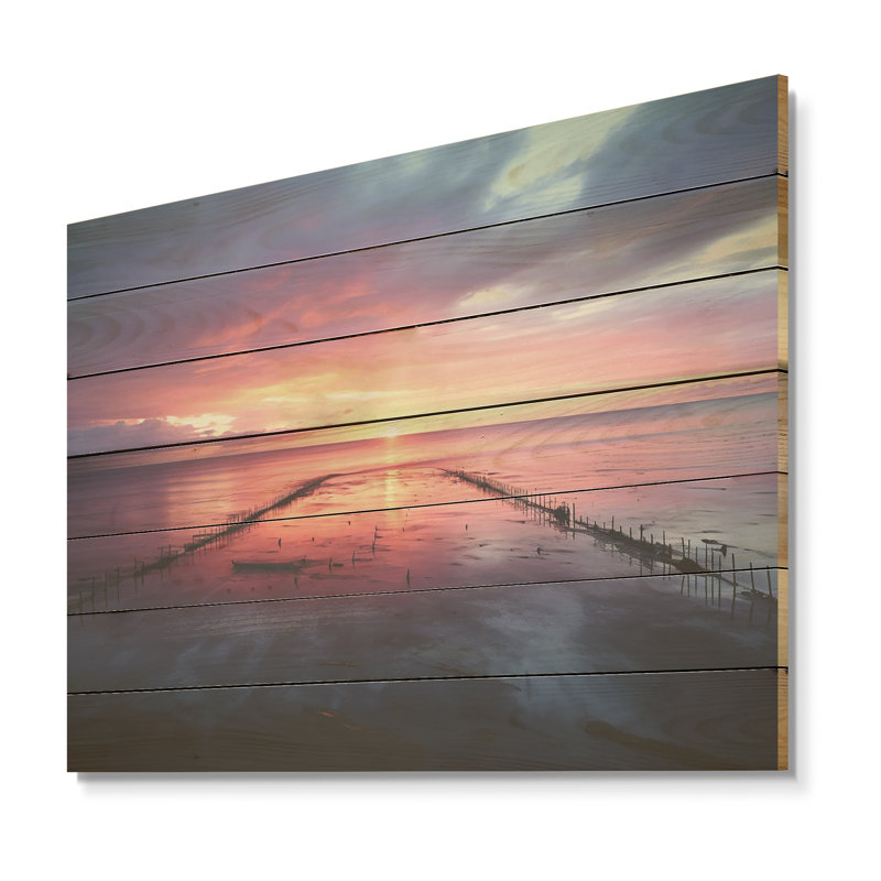 Jetée rose et bleue Horizon Sunset IV - Jetée côtière sur bois, H 24 po x l 32 po x P 0,78 po