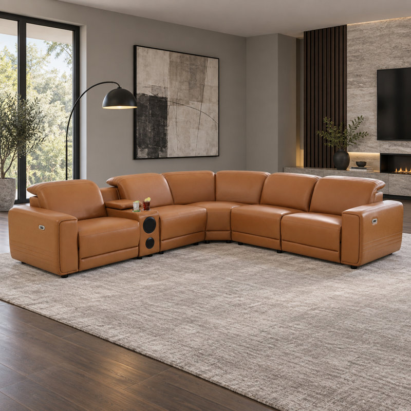 Canapé d'angle inclinable électrique 6 pièces avec console de rangement, ports USB et haut-parleurs Bluetooth, orange