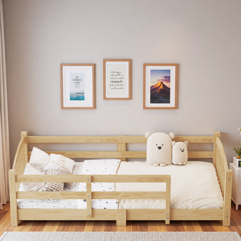 Lit de plancher avec lattes et barrières de sécurité, Naturel, Lit simple