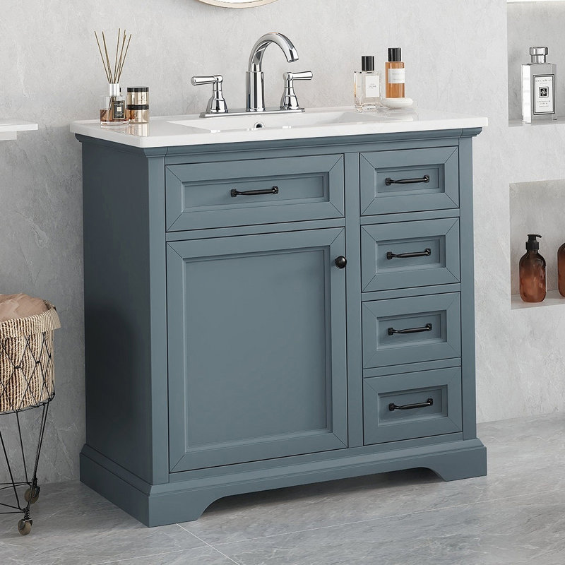 36" Bathroom Vanity with Sink, Ceramic Sink, 2 Tip-out Drawers, Soft Close Door Hinges, Blue Grey
