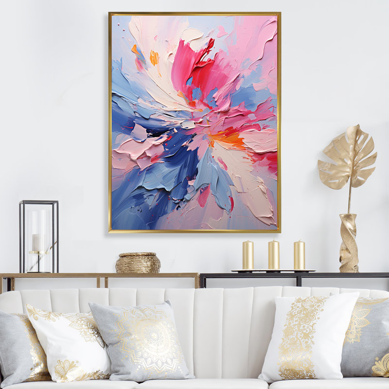 Encre rose et mauve, fleurs I - encre liquide, art mural abstrait, Cadre flottant doré, H 32 po x l 24 po x P 1 po