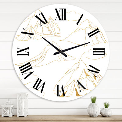 Minimalistic Gold Linear Set Of Mountains & Clouds - Modern wall clock