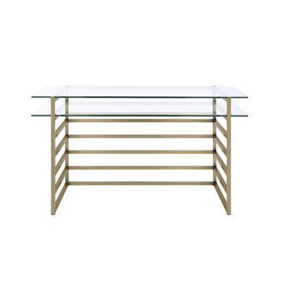 Contemporary Rectangular Writing Desk With Clear Glass Shelf, Antique Gold Metal Base, One Open Storage Style Featuring Glass,