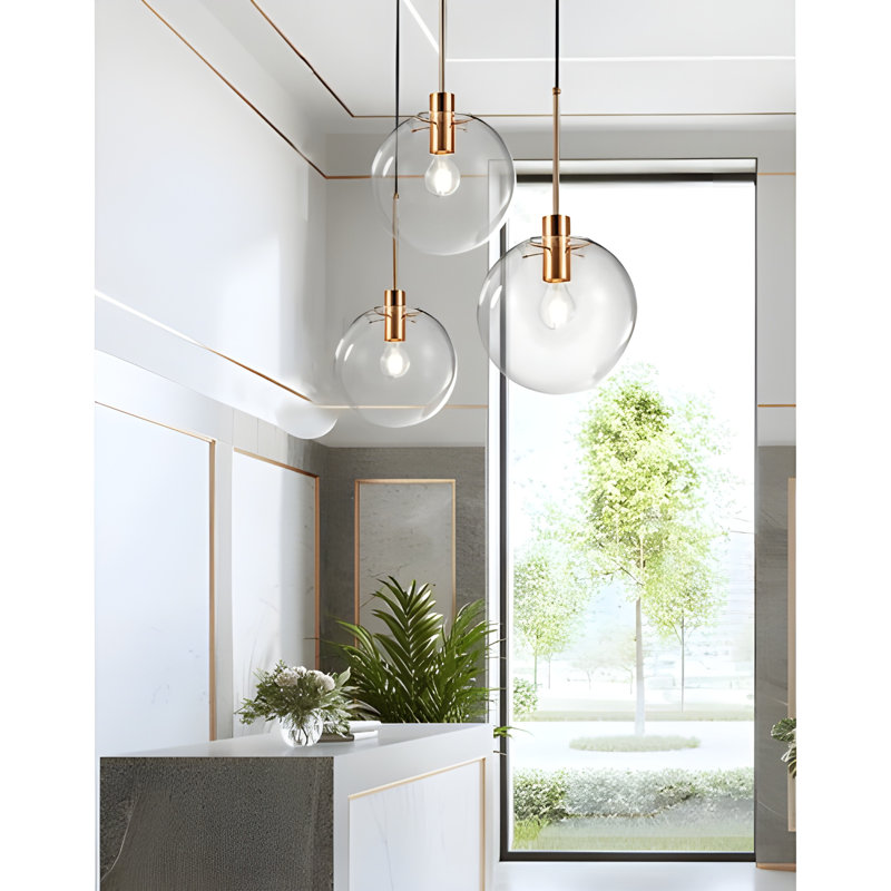 Resheda 1 - Light Sphere Globe Pendant with Metal Accents-Modern Glass Pendant Light – Crystal Ball Chandelier with Creative Design, Height Adjustable Hanging Lamp for Living Room, Black Indoor Luminaire