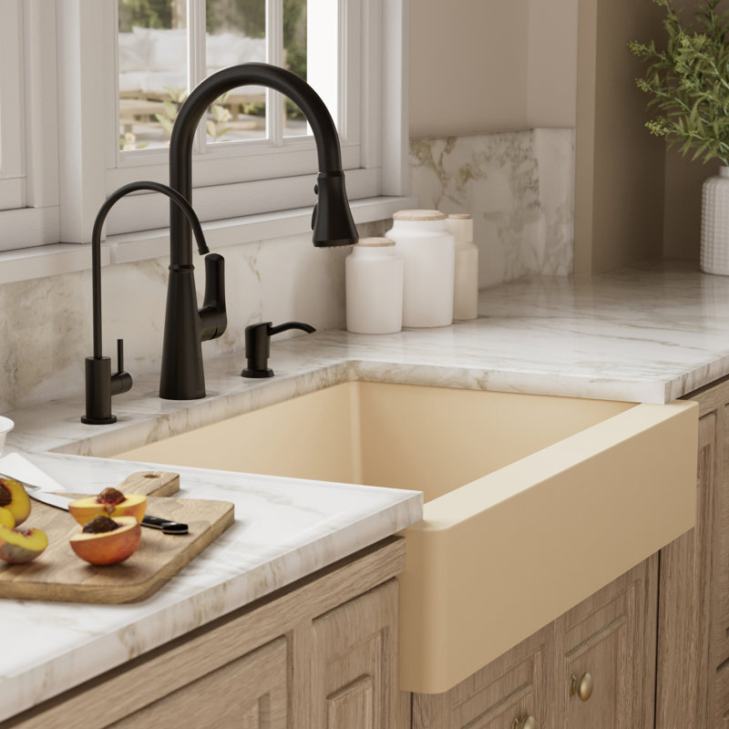 Ensemble d'évier de cuisine à tablier simple à tablier frontal 34 po x 21 1/4 po Karran Quartz, Bisque