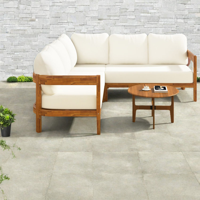 Canapés de patio spacieux, ensemble moderne en L en bois d'acacia pour la cour