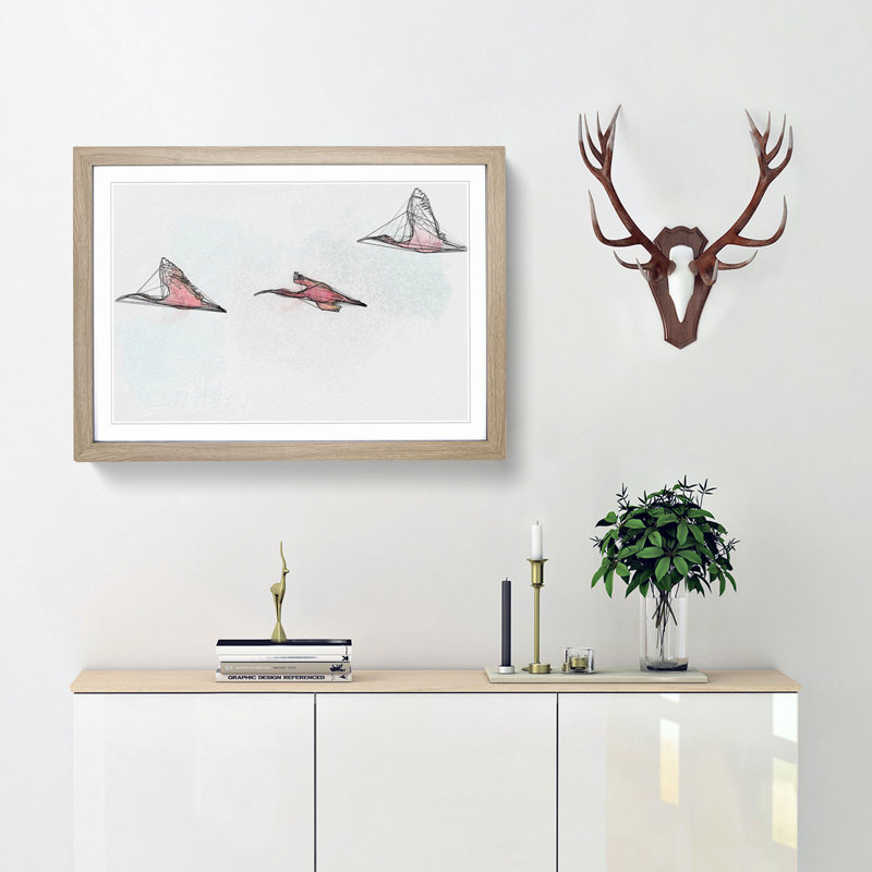 Three Pink Flamingos in Abstract - Framed Print, 60cm H x 91cm W x 2cm D, Oak