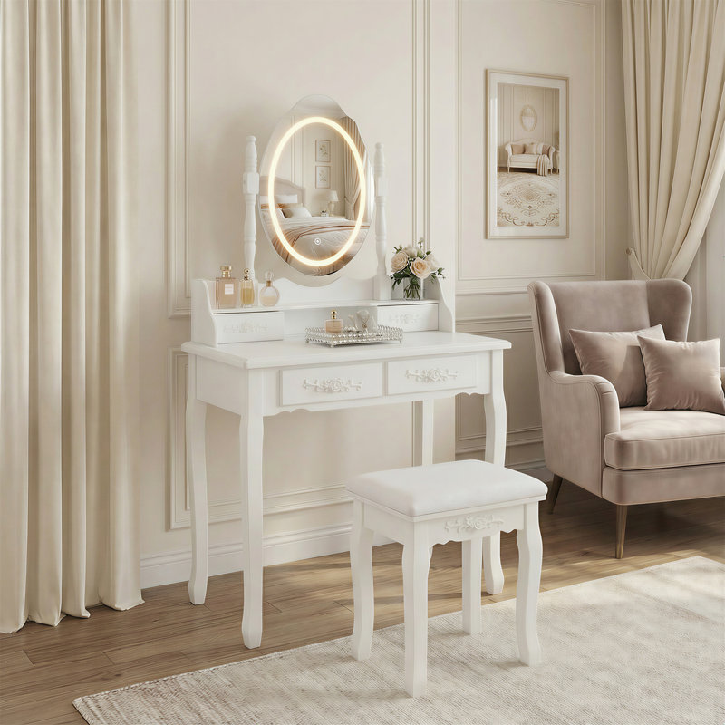 Ensemble de coiffeuse avec miroir et tabouret coussiné White Princess, Blanc