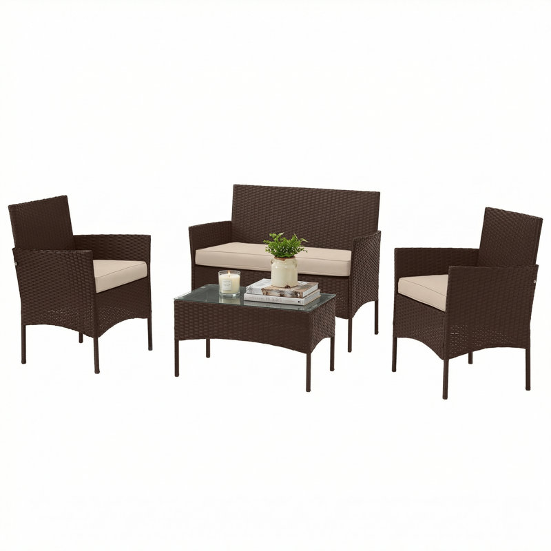 Lavish Home 4PC Patio Furniture Set with Couch, Chairs, and Table (Brown), Brown