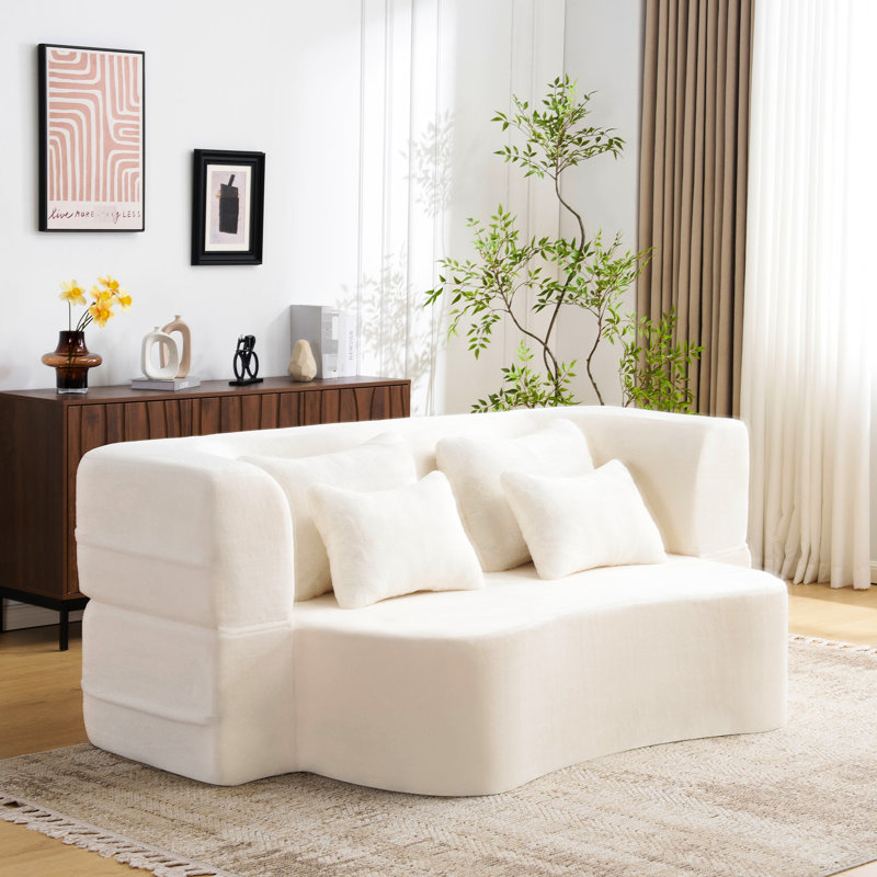 Plancher blanc moderne avec 4 coussins, matelas pliant en mousse haute densité, pour les invités et les espaces de vie, aucun assemblage requis
