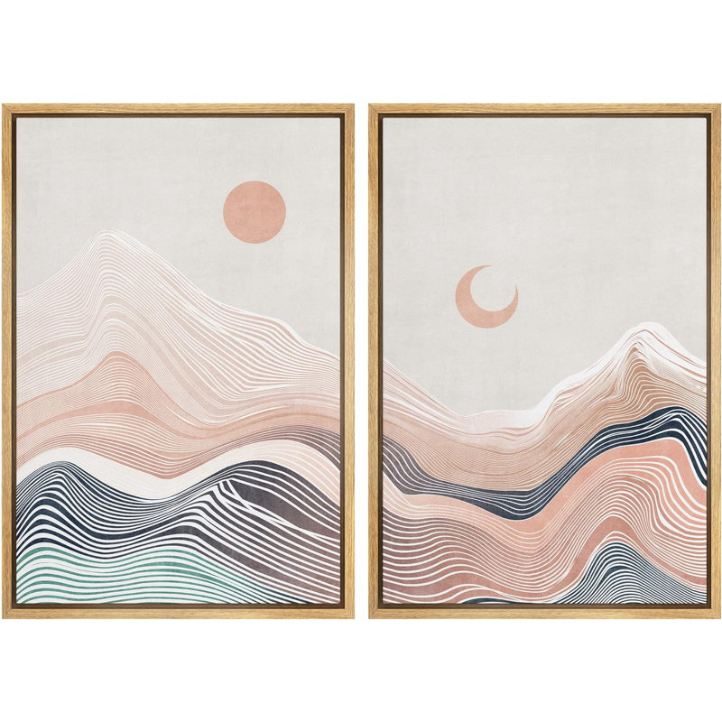 Sun and Moon " Mountain Range Moon Sun Abstract Nature Illustrations " 2 Piece Art Graphic Art Print, 24" H x 32" W x 1.5" D