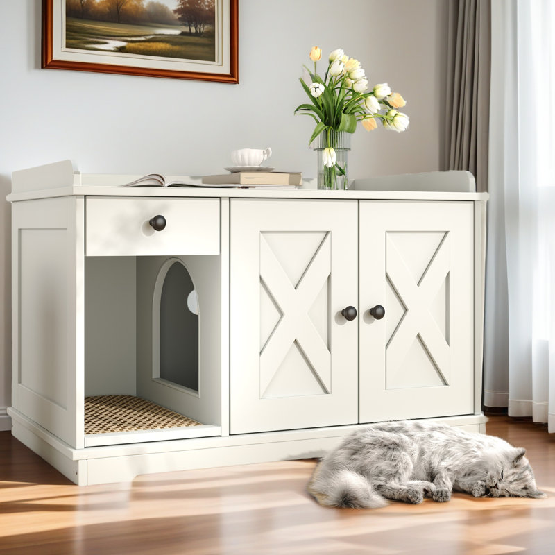 Enceinte de litière pour chat, meubles de litière cachés avec un tapis de litière pour chat, maison de chat d'intérieur avec tiroir, table d'appoint de style campagnard pour salon, blanc