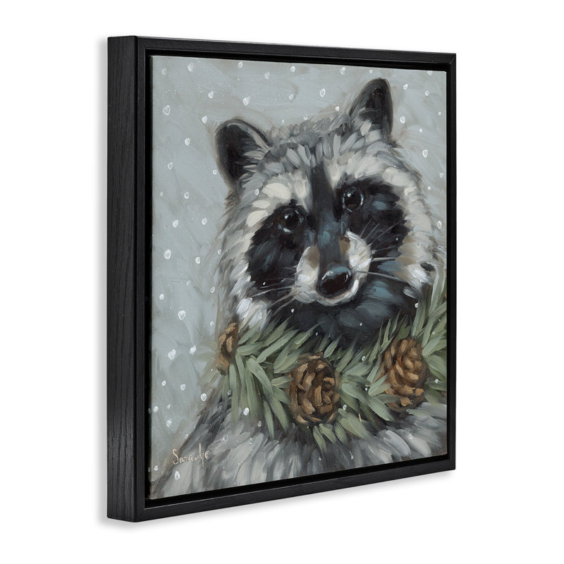 «Raccoon with Pinecones», art mural sur toile par Sara G. Designs, H 18 po x l 18 po, Cadre flottant noir de jais