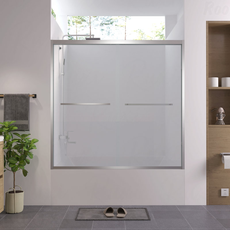 56-60"W X 58"H Aluminum Frame Material Double Sliding Opening Bathtub Shower Screen, Bypass Sliding Opening Bathroom Sliding Opening Door With Premium 1/4" (6Mm) Clear Tempered Glass