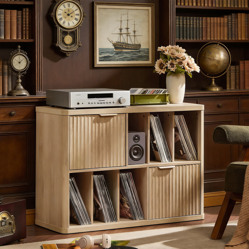 Large Record Player Stand With Vinyl Storage For 450 Albums, Wood Fluted Boho Cabinet, Natural Oak