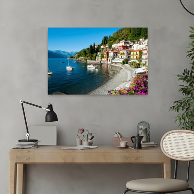 Houses At Waterfront With Boats On Lake Como Varenna Lombardy Italy Contemporary Architecture Flower Art