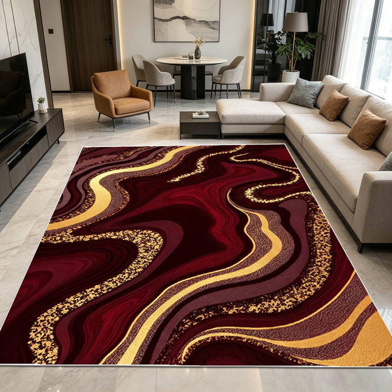 1PC Burgundy Gold Glitter Fluid Agate Swirl Pattern area rugs for Living Room, Soft, All seasons, Easy-maintain, Washable Indoor mat, Farmhouse suitable for dining table, bedroom, entryway, kitchen, home office, backyard, Home Decor, Outdoor Decor.