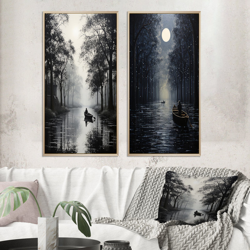 «Canal Quiet Passage Charcoal», 2 pièces, H 32 po x l 32 po, Encadrement brun