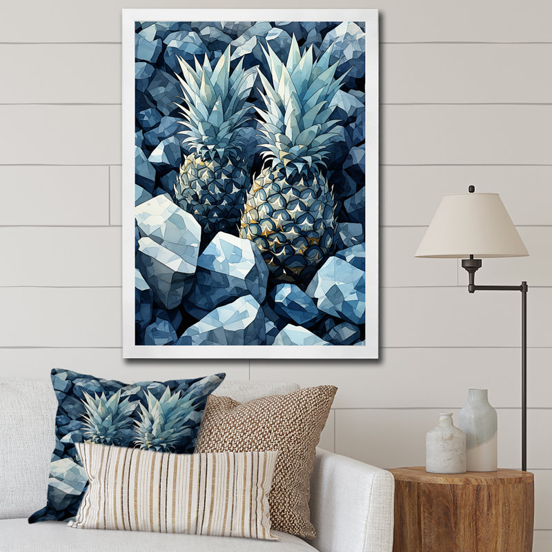 Ananas vert et bleu, paradis tropical III - ananas, art mural, Cadre photo blanc, H 40 po x l 30 po
