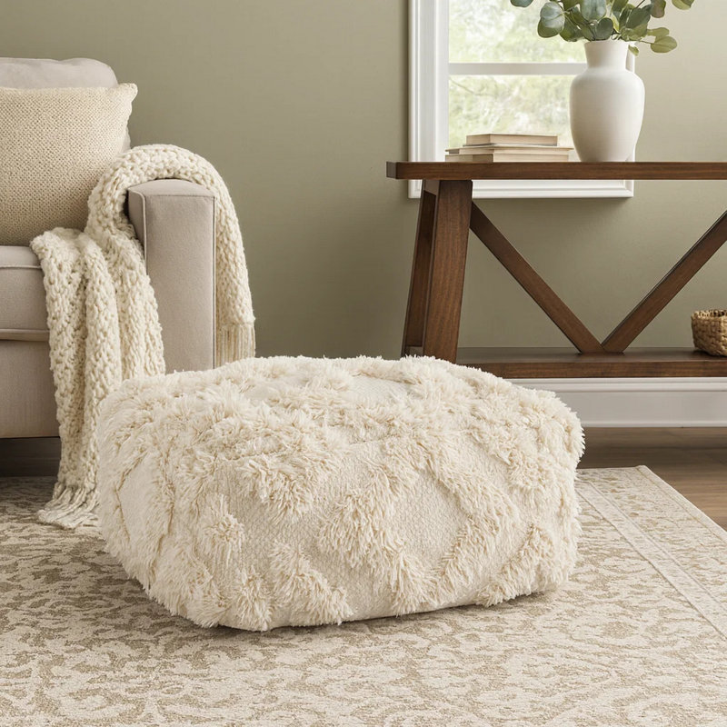 Square Pouf, Cotton Blend Off White/White