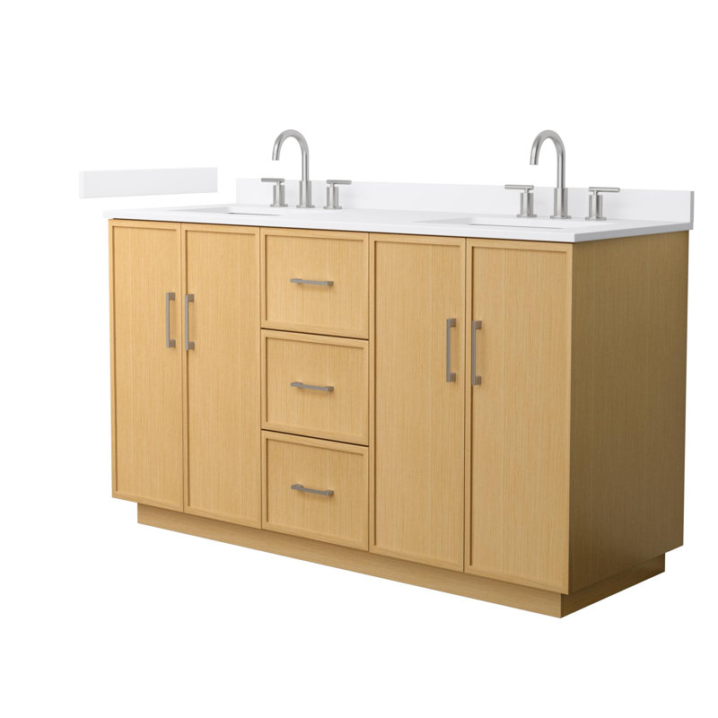 Ensemble de meuble-lavabo double 60 po Elan, Chêne clair avec bordure en nickel brossé, Comptoir en marbre de culture blanc