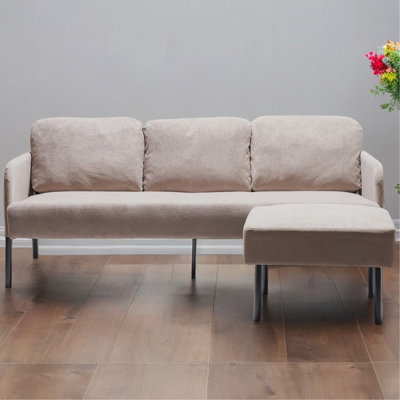 3 Seater L-Shaped Beige Polyester Fabric Sofa With Ottoman