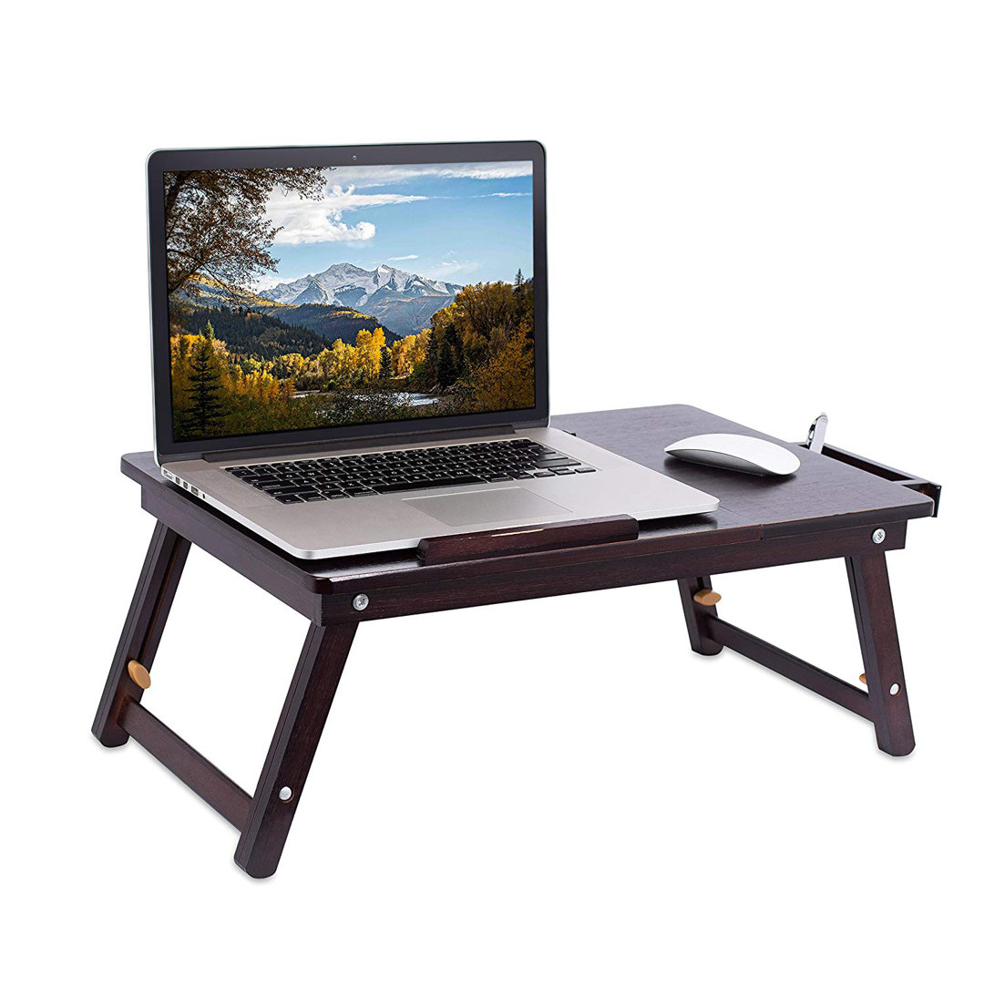 Sofia + Sam Laptop Lap Tray With Adjustable Legs - Bamboo - Foldable Breakfast Serving Bed Tray - Lap Desk With Tilting Top And Side Drawer - Laptop Stand - Natural Sofia + Sam 