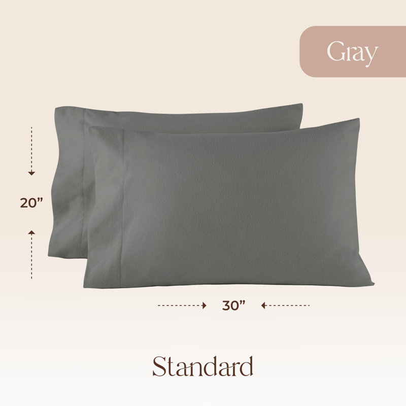 Ensemble de 2 taies d'oreiller en flanelle biologique standard - Taie d'oreiller 100% coton biologique GOTS ultra confortable de taille standard avec finition brossée lisse de qualité supérieure et fermeture à enveloppe (gris, standard)