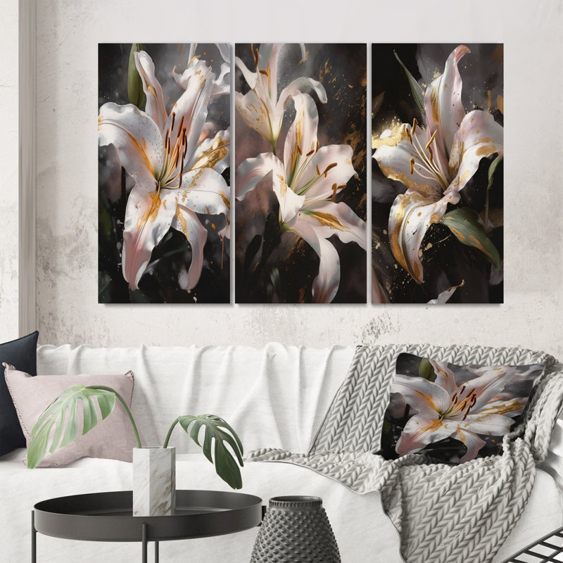 «White Graceful Lilies», 3 pièces, Toile tendue, H 40 po x l 60 po