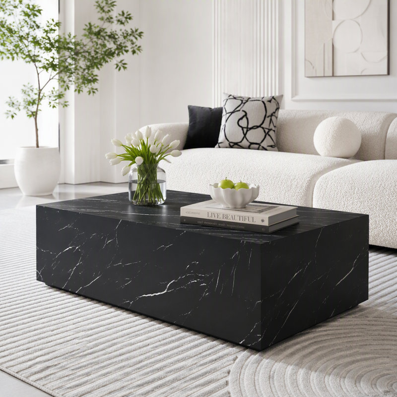 Table basse rectangulaire en MDF avec texture de marbre, 28.88 lbs, Black