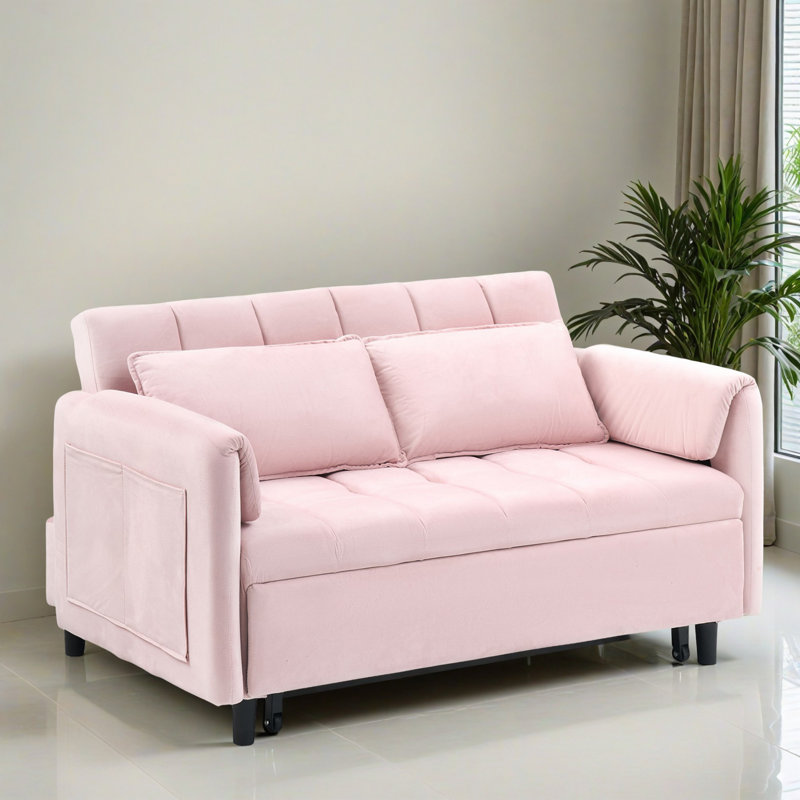 Canapé-lit de 52 po à dossier arrondi avec accoudoirs et coussins, Rose