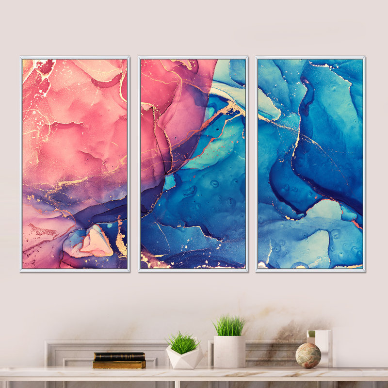 «Red and Blue Liquide Art I», reproduction de cadre flottant 3 pièces sur toile, Cadre blanc, H 32 po x l 48 po x P 1 po