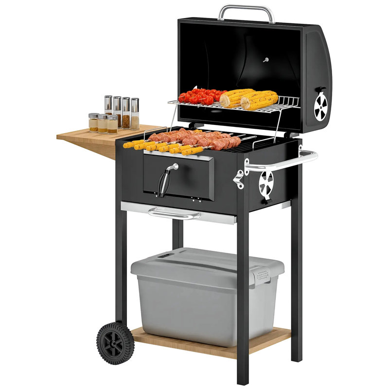 Barbecue d'extérieur au charbon de bois noir avec tablette de rangement pliante, cendrier coulissant et ouvre-bouteille pour une expérience de cuisson en douceur