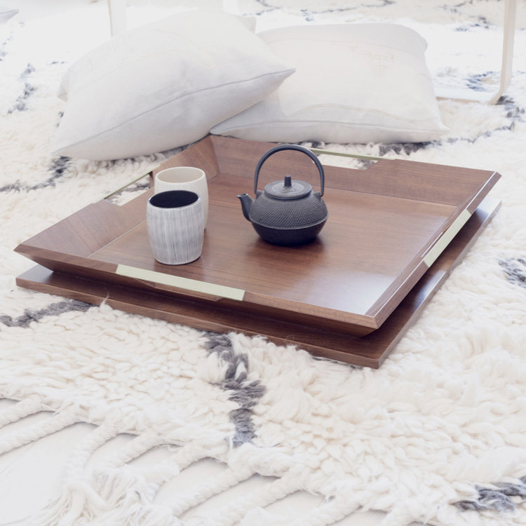 Le Solid Wood Tray, Walnut, Polished Nickel